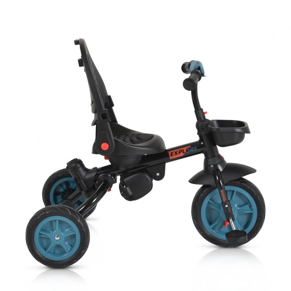 Byox Tricicleta pentru copii Explore Turquoise pliabila cu sezut rotativ spatar reglabil suport pentru picioare pneuri din cauciuc maner cu control al directiei cosulet pentru accesorii