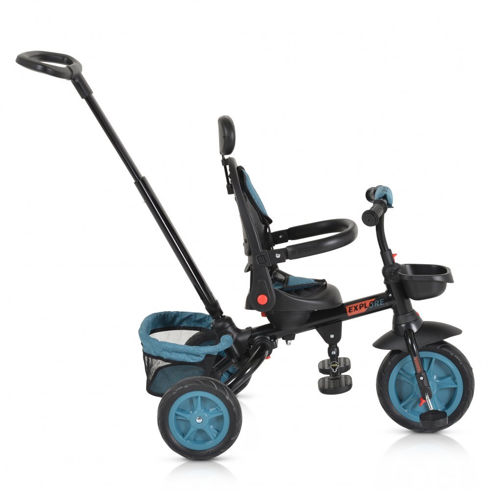 Byox Tricicleta pentru copii Explore Turquoise pliabila cu sezut rotativ spatar reglabil suport pentru picioare pneuri din cauciuc maner cu control al directiei cosulet pentru accesorii