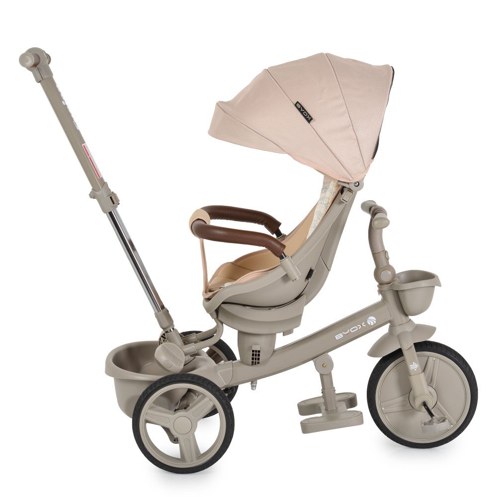 Byox Tricicleta pentru copii Fusion Beigemaner parental reglabil pe inaltimescaun rotativ la 360 gradespatar reglabil cu pozitie somnghidon pliabilroti din PUfranahusa moale2 tipuri de suport picioarebara detasabila