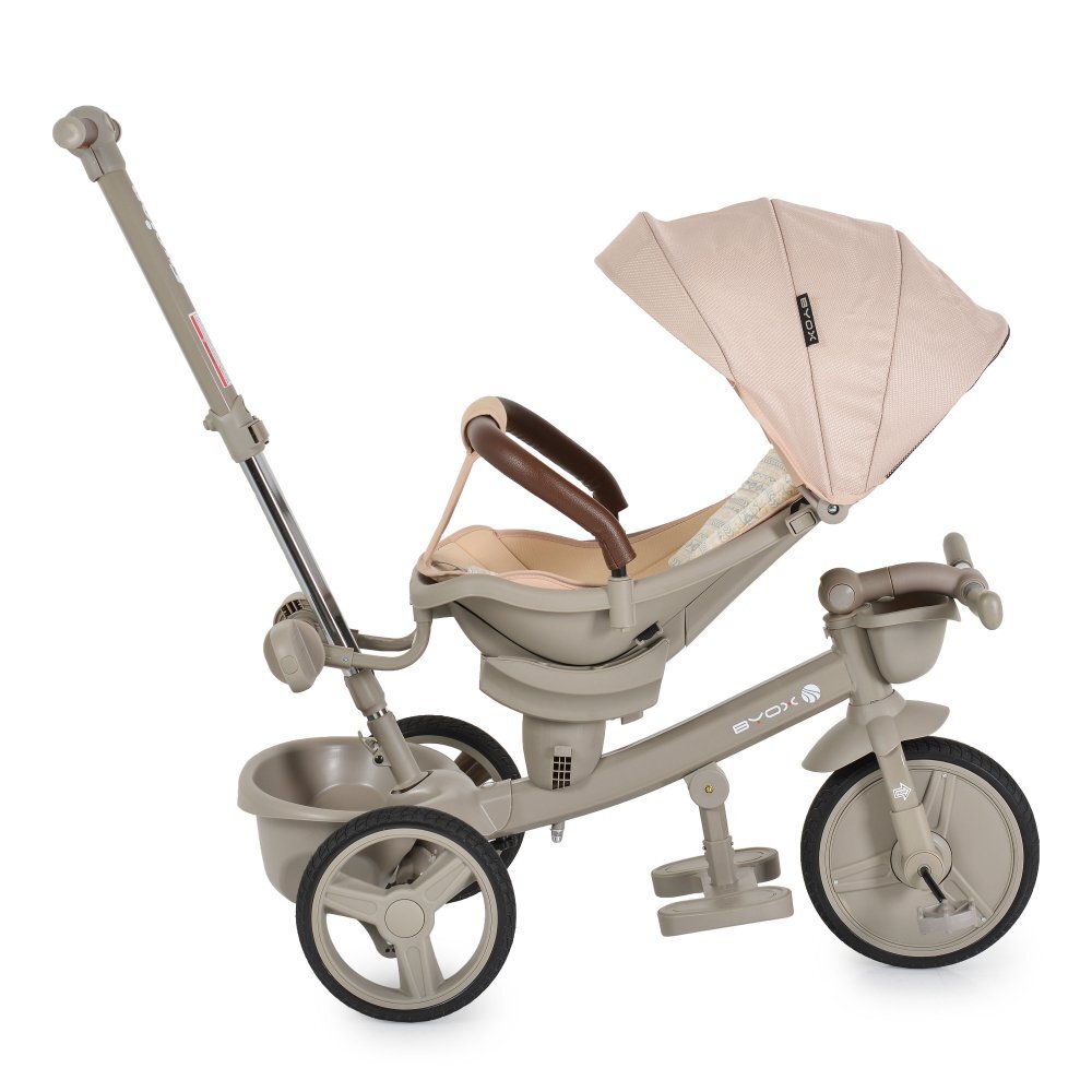 Byox Tricicleta pentru copii Fusion Beigemaner parental reglabil pe inaltimescaun rotativ la 360 gradespatar reglabil cu pozitie somnghidon pliabilroti din PUfranahusa moale2 tipuri de suport picioarebara detasabila