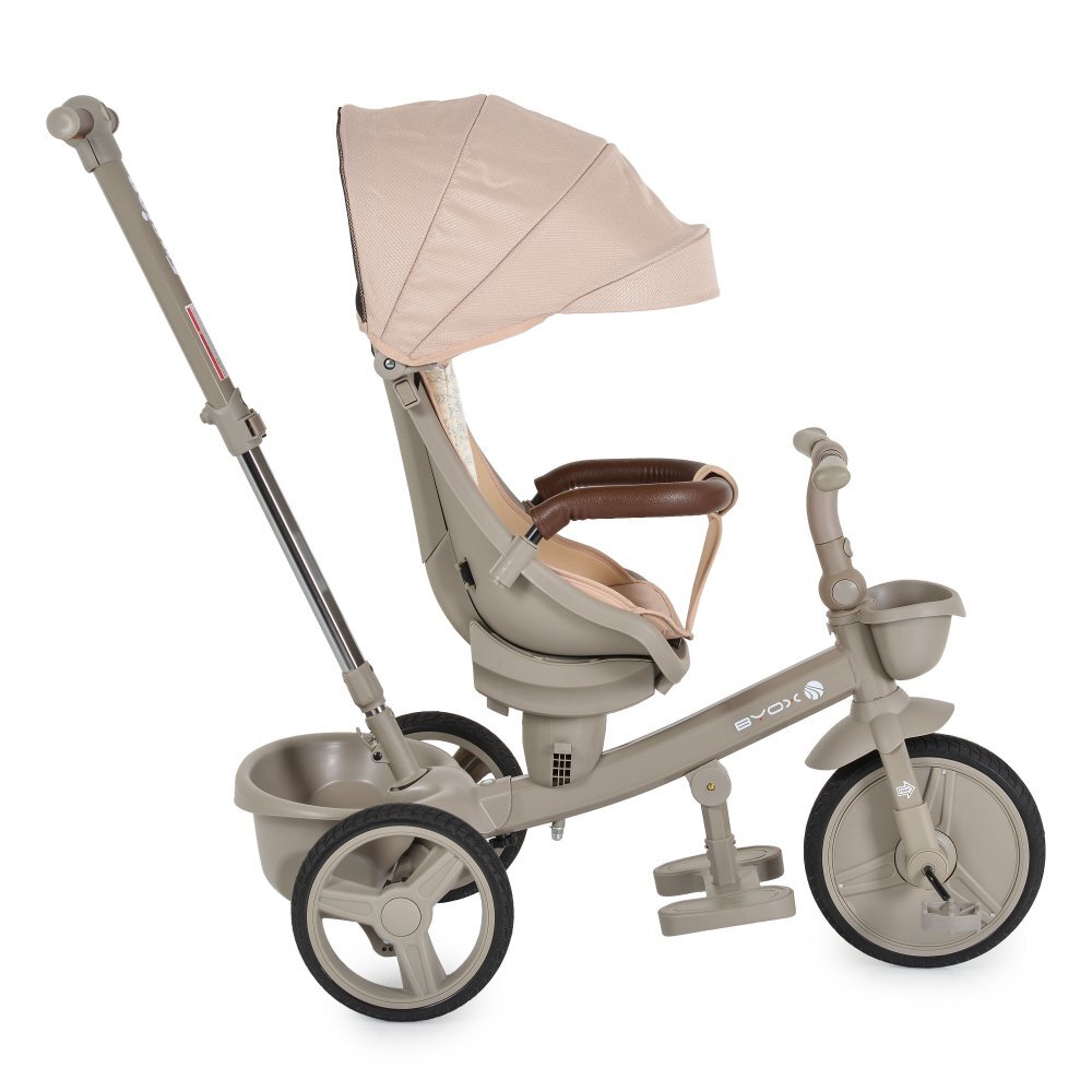 Byox Tricicleta pentru copii Fusion Beigemaner parental reglabil pe inaltimescaun rotativ la 360 gradespatar reglabil cu pozitie somnghidon pliabilroti din PUfranahusa moale2 tipuri de suport picioarebara detasabila