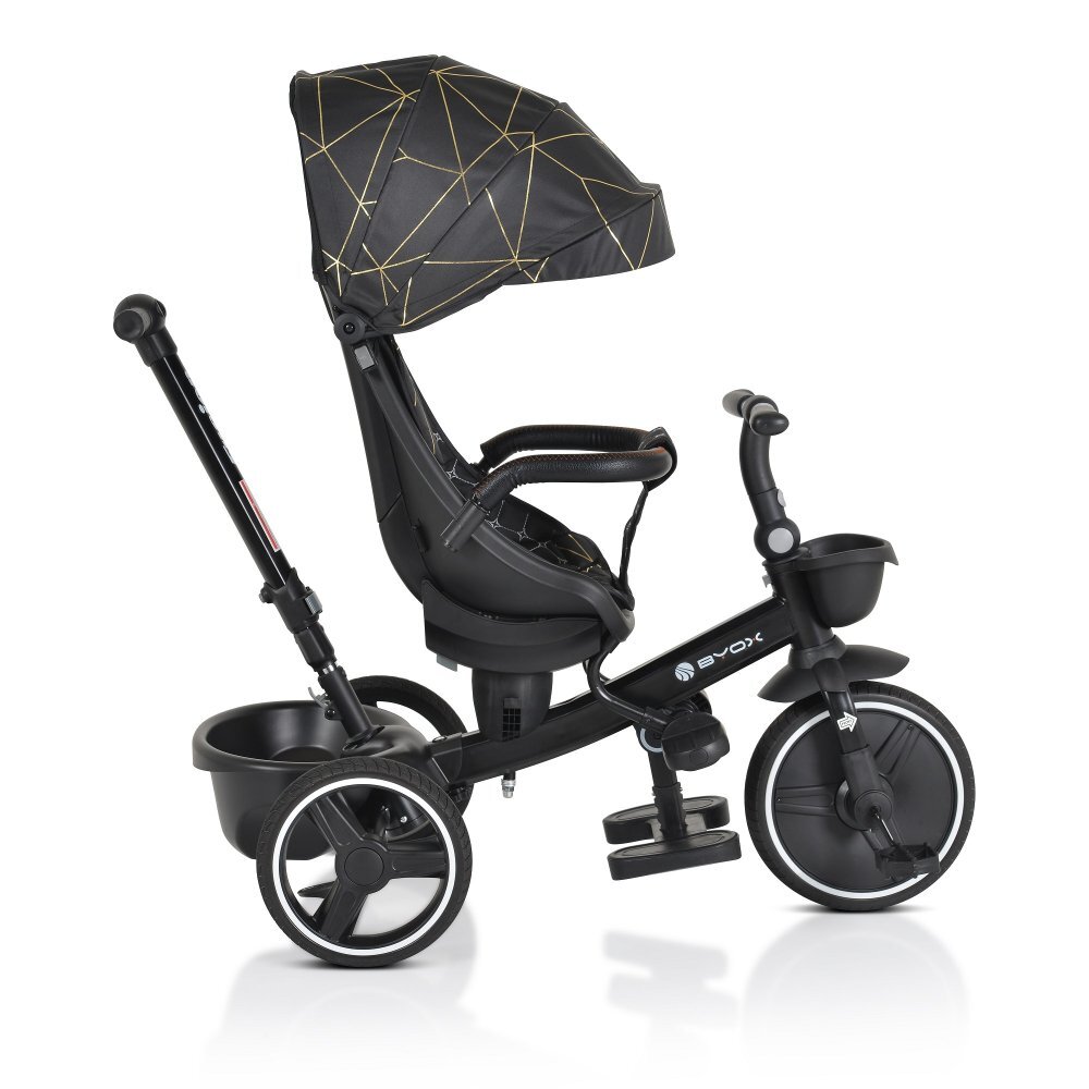 Byox Tricicleta pentru copii Fusion Blackmaner parental reglabil pe inaltimescaun rotativ la 360 gradespatar reglabil cu pozitie somnghidon pliabilroti din PUfranahusa moale2 tipuri de suport picioarebara detasabila