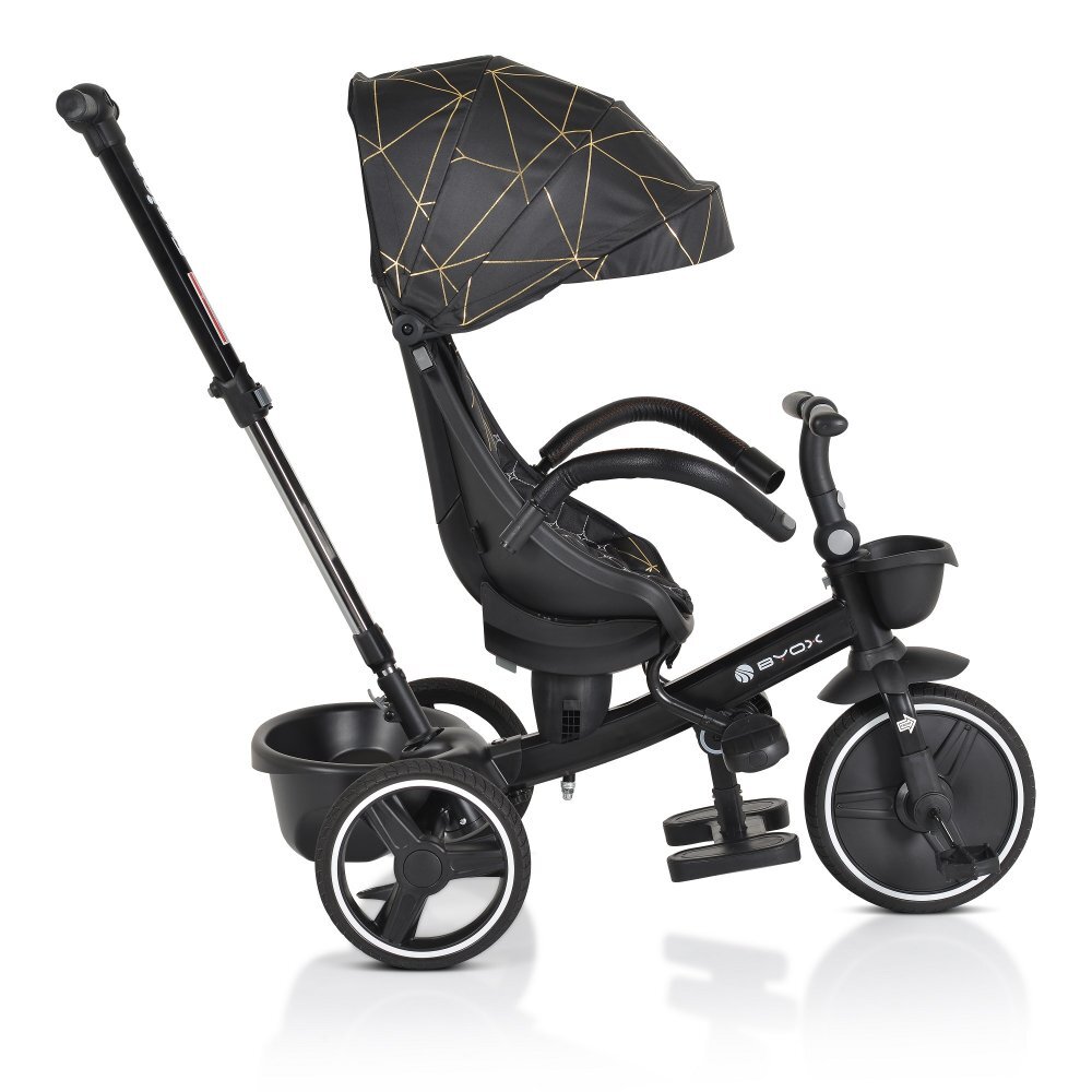 Byox Tricicleta pentru copii Fusion Blackmaner parental reglabil pe inaltimescaun rotativ la 360 gradespatar reglabil cu pozitie somnghidon pliabilroti din PUfranahusa moale2 tipuri de suport picioarebara detasabila
