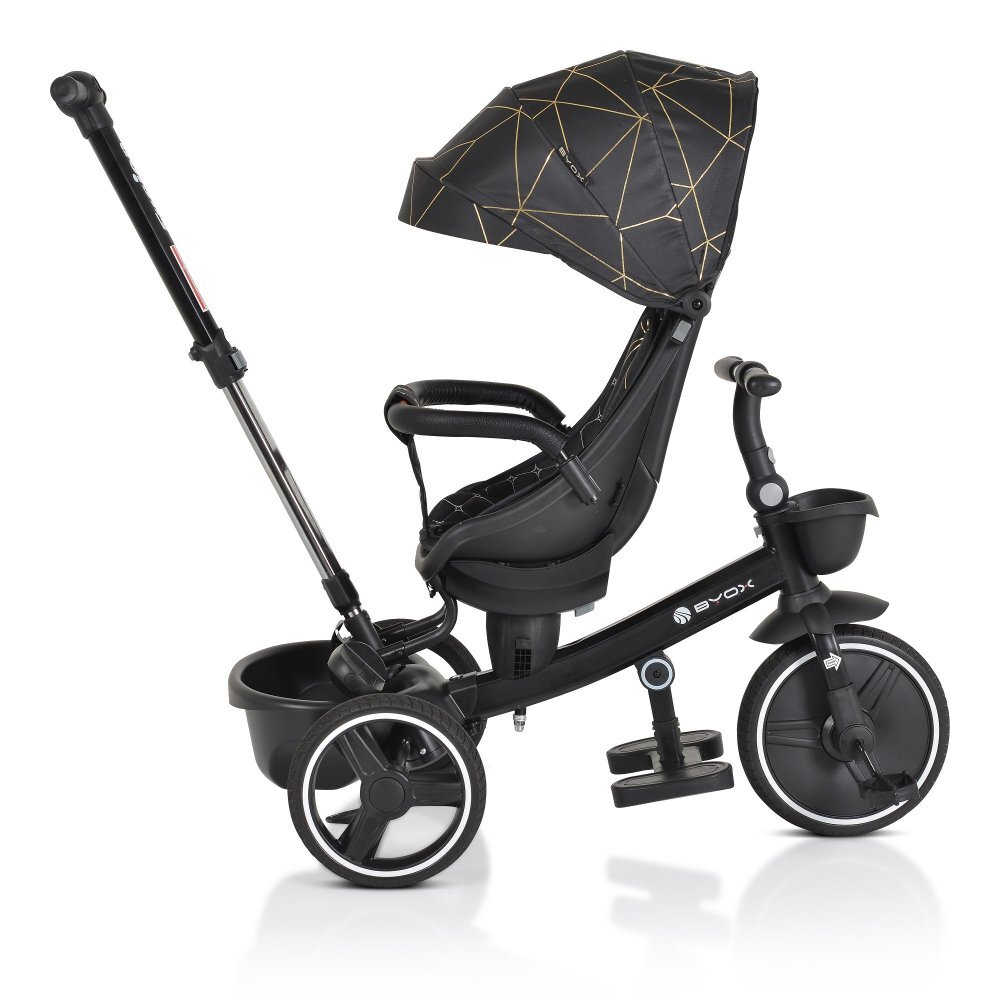 Byox Tricicleta pentru copii Fusion Blackmaner parental reglabil pe inaltimescaun rotativ la 360 gradespatar reglabil cu pozitie somnghidon pliabilroti din PUfranahusa moale2 tipuri de suport picioarebara detasabila