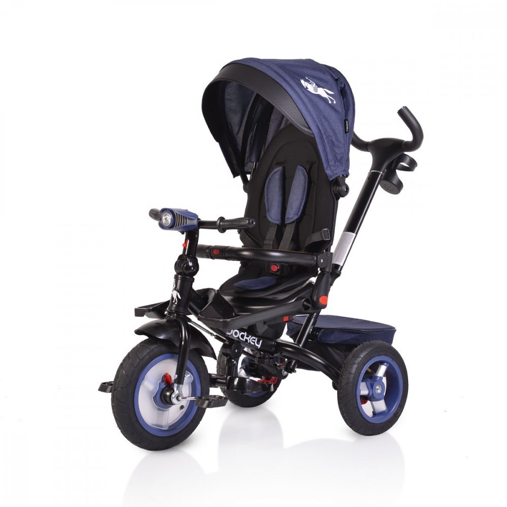 Byox Tricicleta pentru copii Jockey Dark Blue cu sezut rotativ si spatar reglabil 2 seturi suport picioruse roti mari din cauciuc maner cu control al directiei scaun confortabil cu husa moale si frana pe rotile din spate