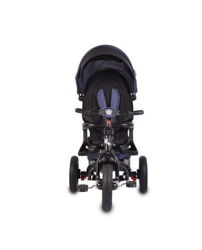 Byox Tricicleta pentru copii Jockey Dark Blue cu sezut rotativ si spatar reglabil 2 seturi suport picioruse roti mari din cauciuc maner cu control al directiei scaun confortabil cu husa moale si frana pe rotile din spate