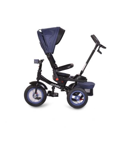 Byox Tricicleta pentru copii Jockey Dark Blue cu sezut rotativ si spatar reglabil 2 seturi suport picioruse roti mari din cauciuc maner cu control al directiei scaun confortabil cu husa moale si frana pe rotile din spate