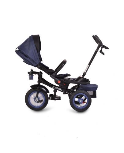 Byox Tricicleta pentru copii Jockey Dark Blue cu sezut rotativ si spatar reglabil 2 seturi suport picioruse roti mari din cauciuc maner cu control al directiei scaun confortabil cu husa moale si frana pe rotile din spate