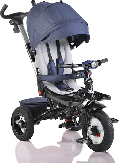 Byox Tricicleta pentru copii Jockey Dark Blue cu sezut rotativ si spatar reglabil 2 seturi suport picioruse roti mari din cauciuc maner cu control al directiei scaun confortabil cu husa moale si frana pe rotile din spate