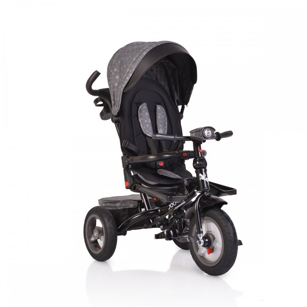Byox Tricicleta pentru copii Jockey Grey Stars cu sezut rotativ si spatar reglabil 2 seturi suport picioruse roti mari din cauciuc maner cu control al directiei scaun confortabil cu husa moale si frana pe rotile din spate