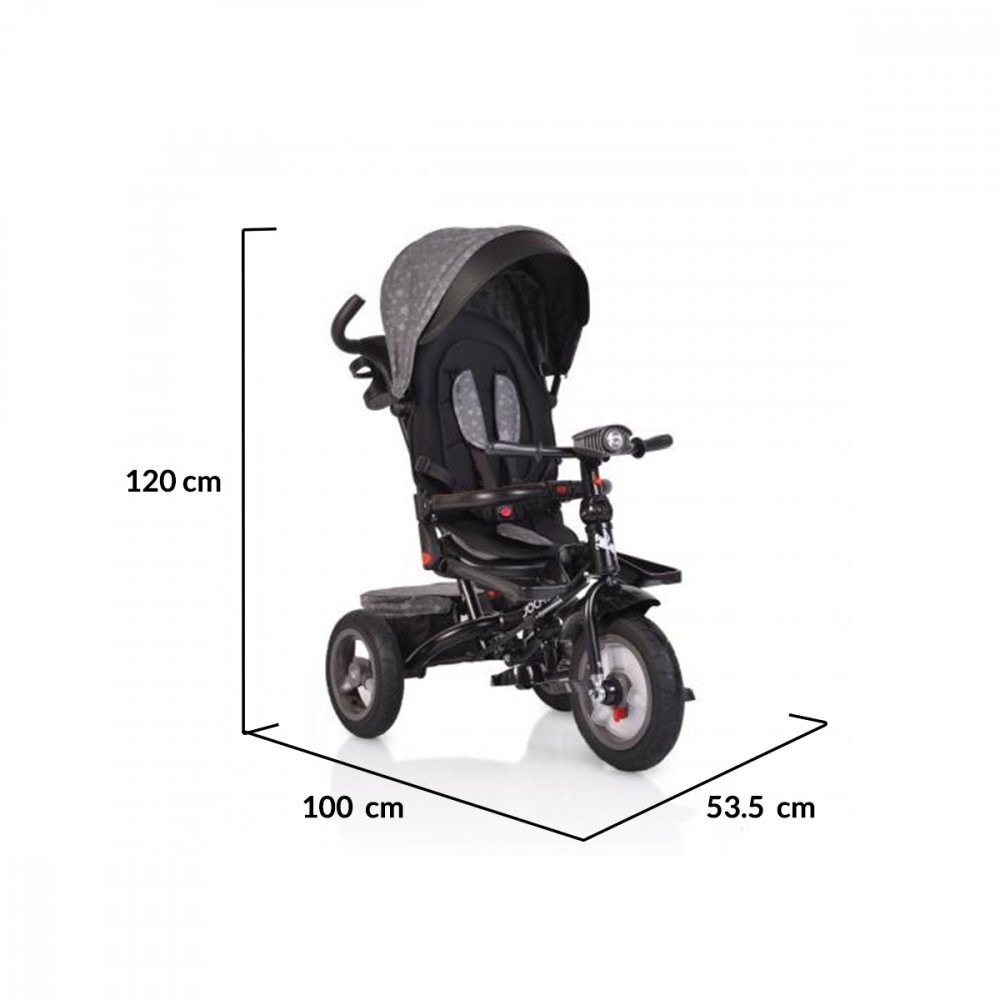 Byox Tricicleta pentru copii Jockey Grey Stars cu sezut rotativ si spatar reglabil 2 seturi suport picioruse roti mari din cauciuc maner cu control al directiei scaun confortabil cu husa moale si frana pe rotile din spate