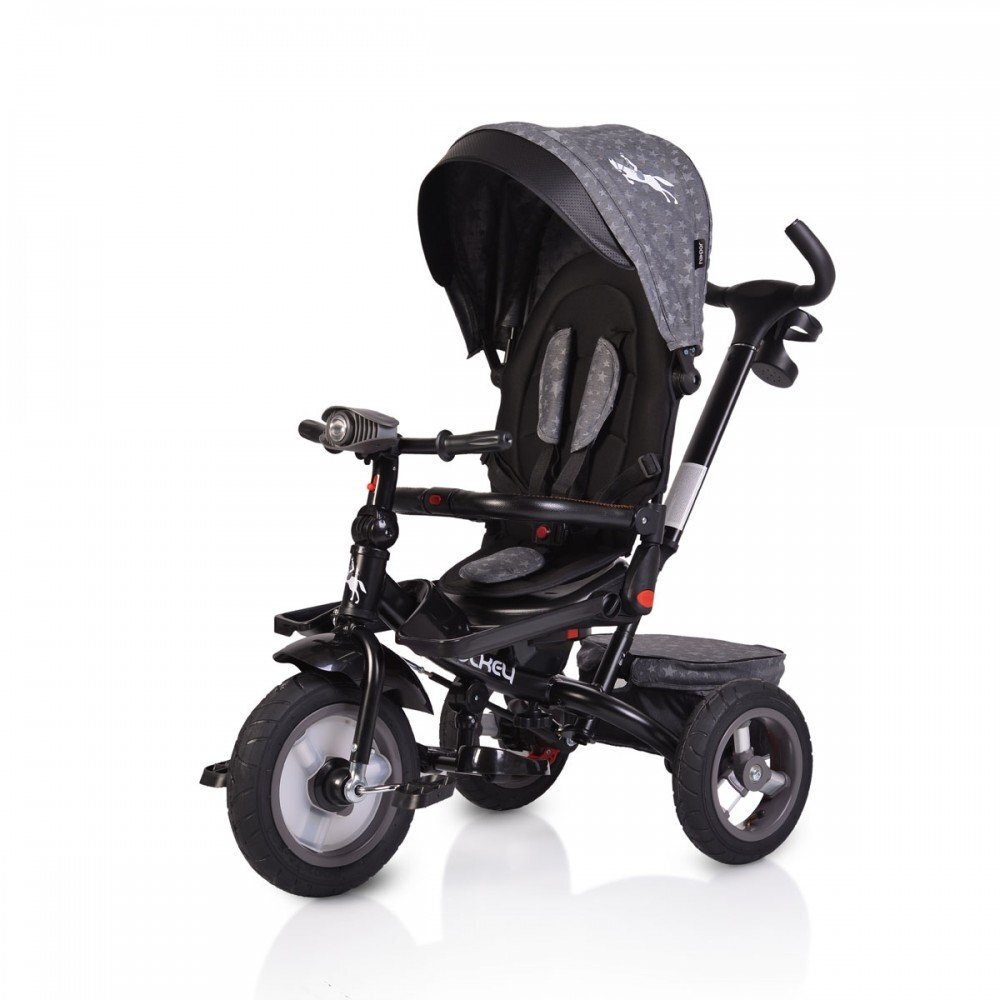 Byox Tricicleta pentru copii Jockey Grey Stars cu sezut rotativ si spatar reglabil 2 seturi suport picioruse roti mari din cauciuc maner cu control al directiei scaun confortabil cu husa moale si frana pe rotile din spate