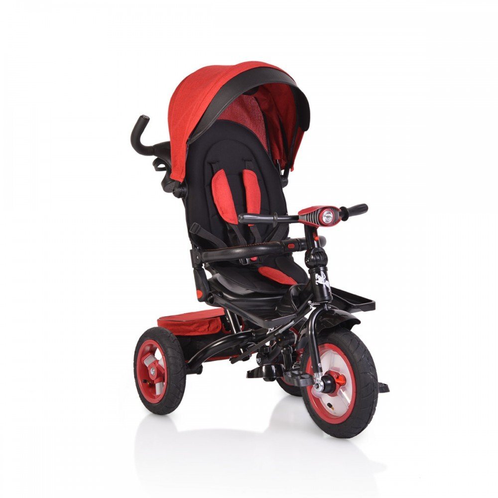 Byox Tricicleta pentru copii Jockey Red cu sezut rotativ si spatar reglabil 2 seturi suport picioruse roti mari din cauciuc maner cu control al directiei scaun confortabil cu husa moale si frana pe rotile din spate
