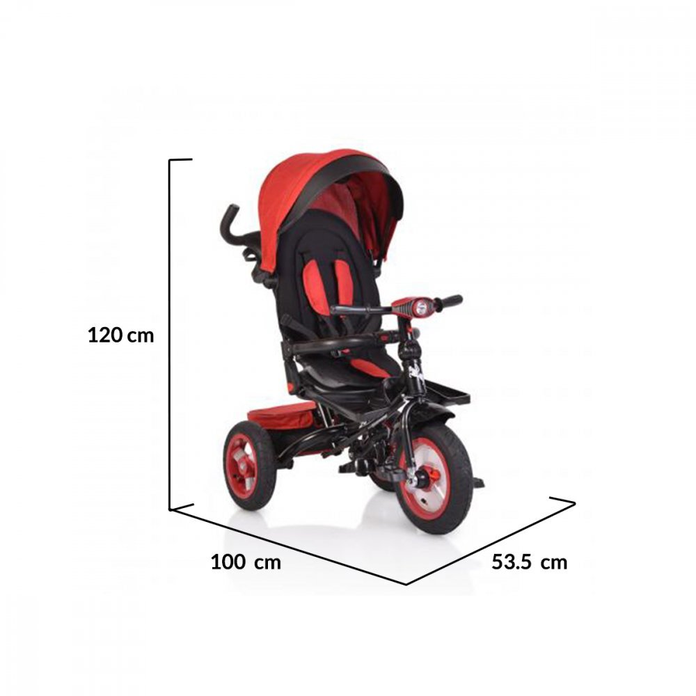 Byox Tricicleta pentru copii Jockey Red cu sezut rotativ si spatar reglabil 2 seturi suport picioruse roti mari din cauciuc maner cu control al directiei scaun confortabil cu husa moale si frana pe rotile din spate