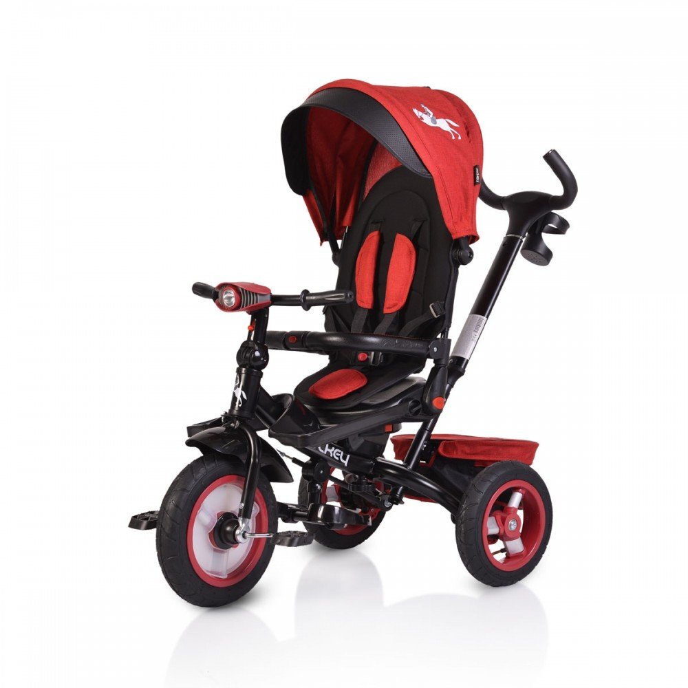 Byox Tricicleta pentru copii Jockey Red cu sezut rotativ si spatar reglabil 2 seturi suport picioruse roti mari din cauciuc maner cu control al directiei scaun confortabil cu husa moale si frana pe rotile din spate
