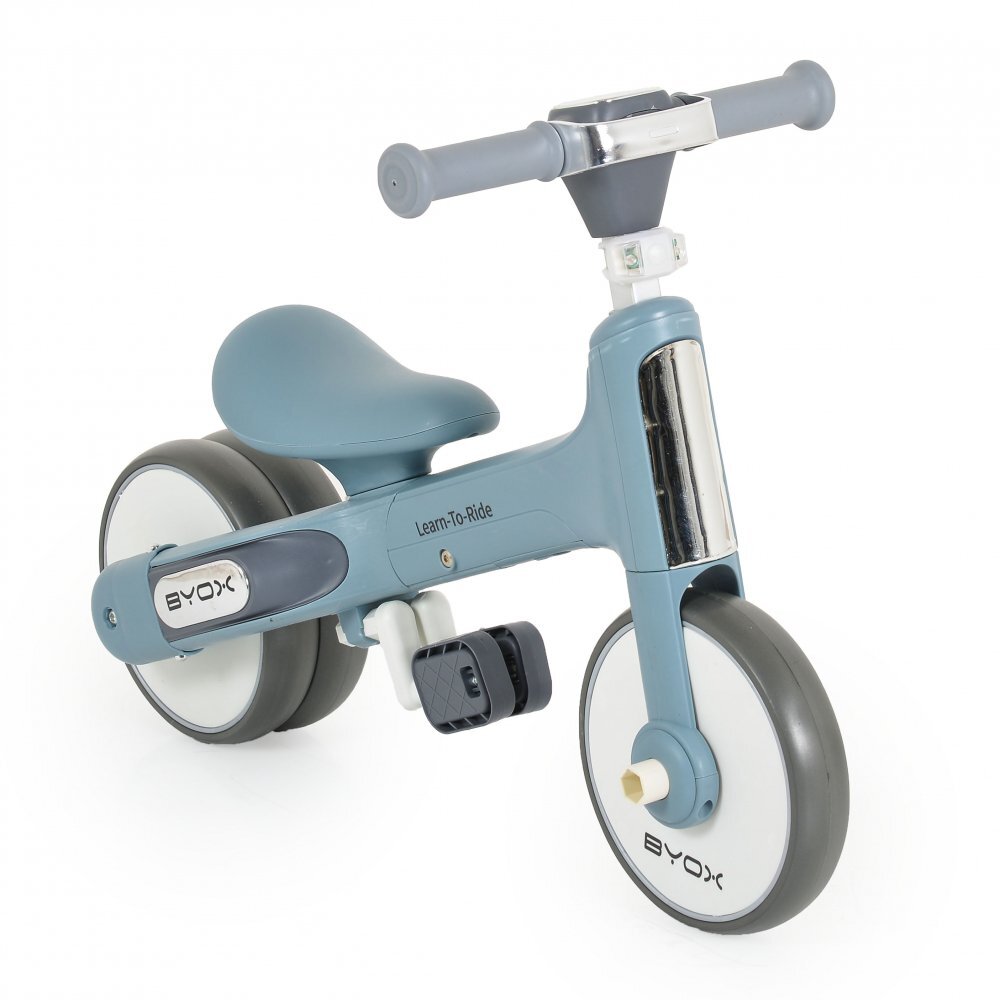 Byox Tricicleta pentru copii Learn to Ride Albastru 2 in 1 cu pedale transformabila structura usoara pliere compacta sistem de siguranta cu viraj limitat roti din cauciuc EVA si far cu lumina
