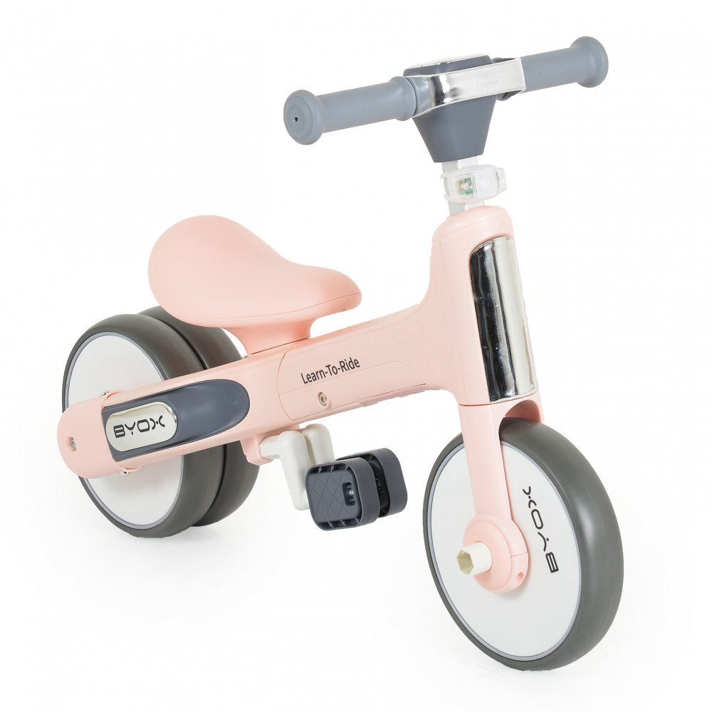 Byox Tricicleta pentru copii Learn to Ride Roz 2 in 1 cu pedale transformabila structura usoara pliere compacta sistem de siguranta cu viraj limitat roti din cauciuc EVA si far cu lumina