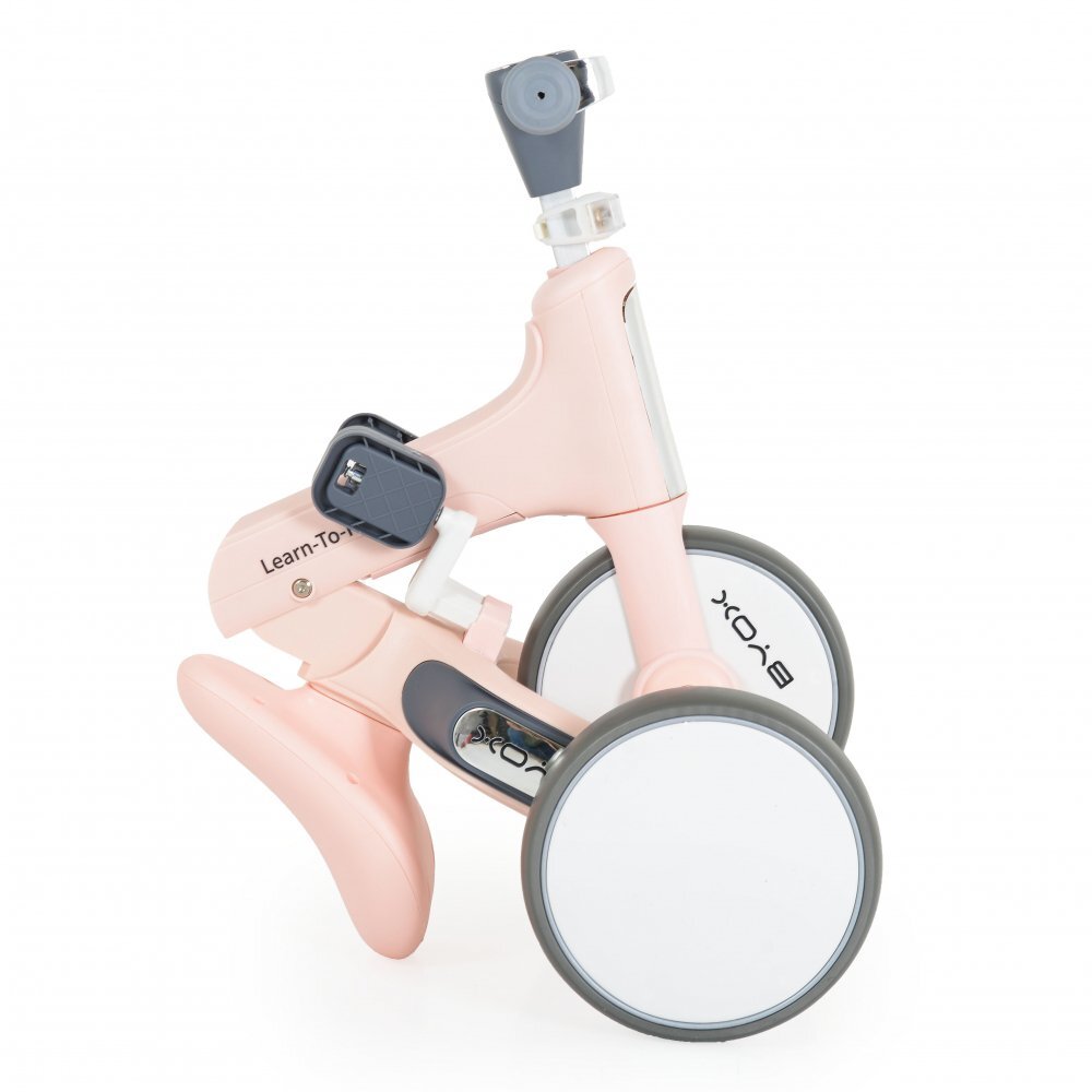 Byox Tricicleta pentru copii Learn to Ride Roz 2 in 1 cu pedale transformabila structura usoara pliere compacta sistem de siguranta cu viraj limitat roti din cauciuc EVA si far cu lumina