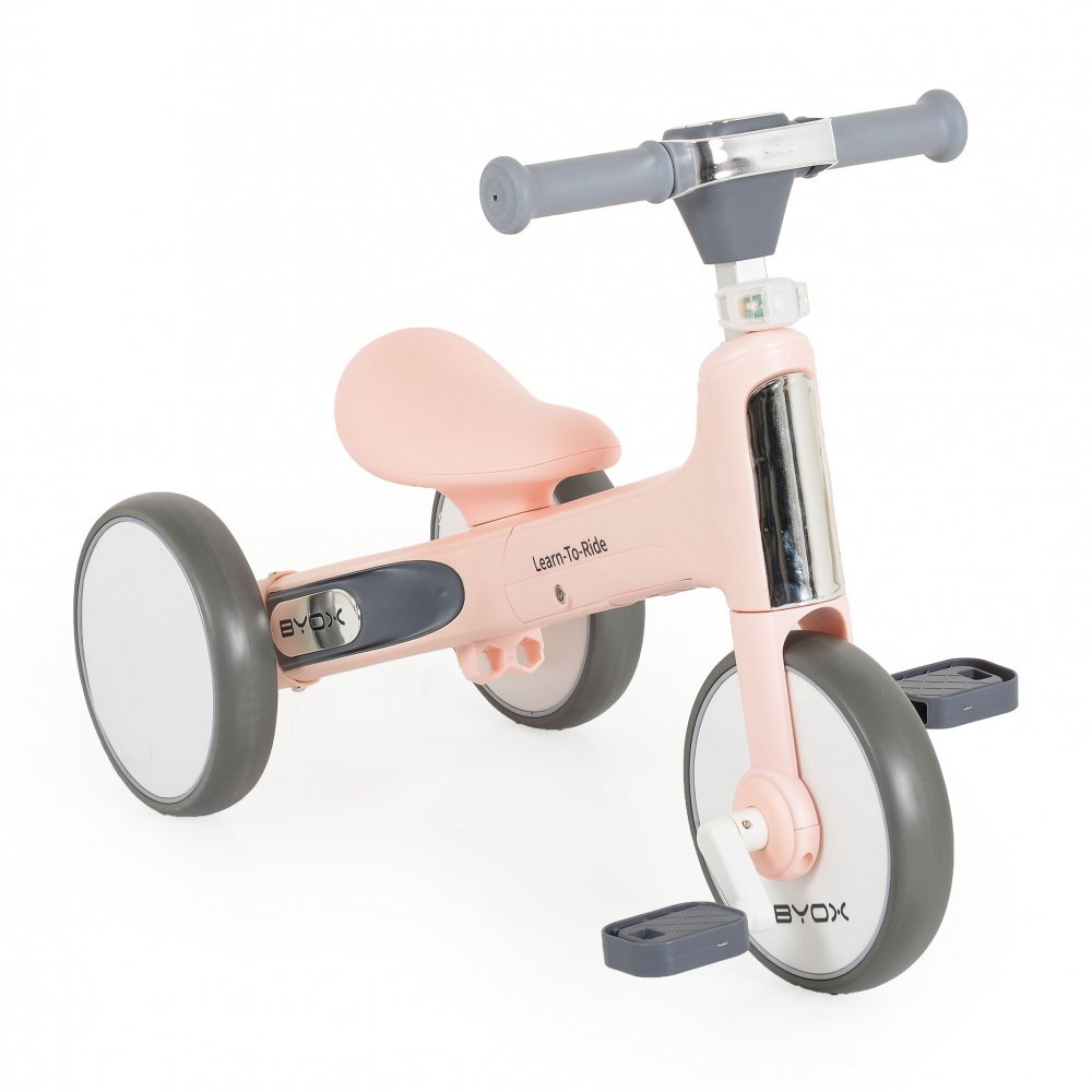 Byox Tricicleta pentru copii Learn to Ride Roz 2 in 1 cu pedale transformabila structura usoara pliere compacta sistem de siguranta cu viraj limitat roti din cauciuc EVA si far cu lumina