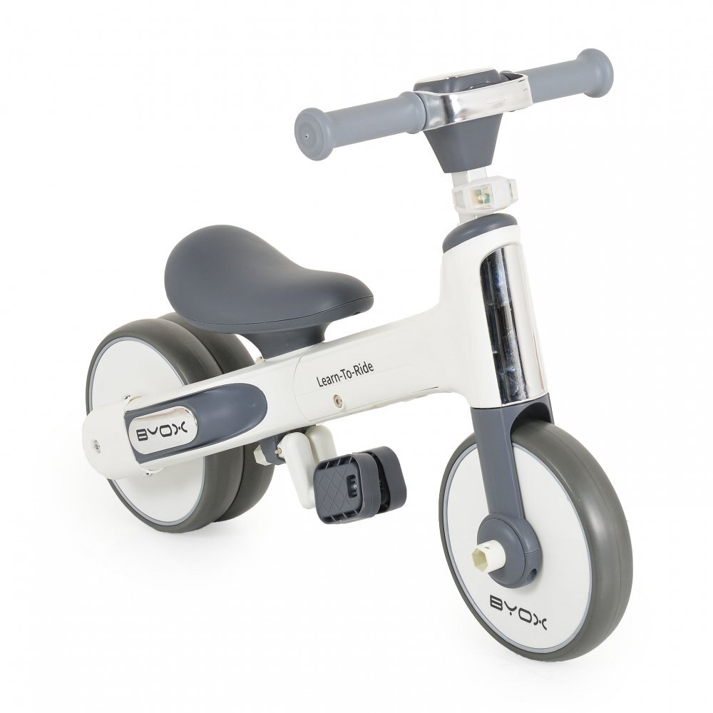 Byox Tricicleta pentru copii Learn to Ride White 2 in 1 cu pedale transformabila structura usoara pliere compacta sistem de siguranta cu viraj limitat roti din cauciuc EVA si far cu lumina