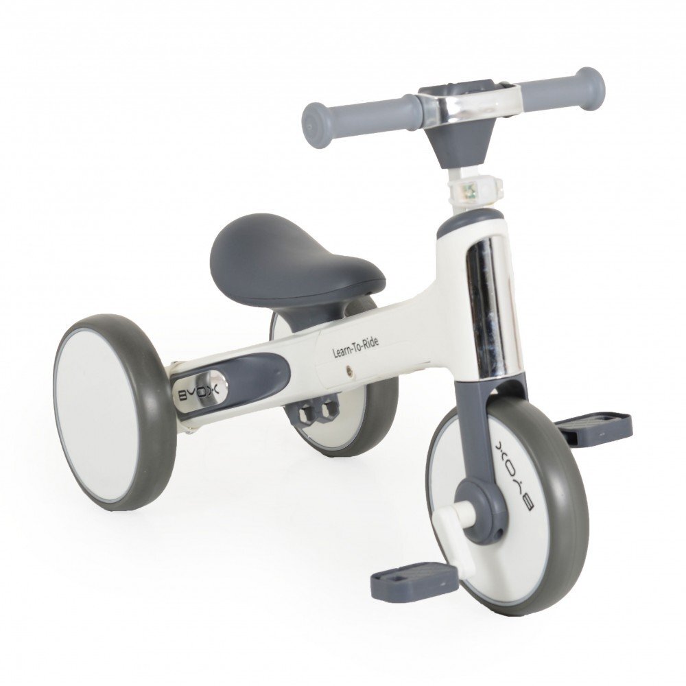 Byox Tricicleta pentru copii Learn to Ride White 2 in 1 cu pedale transformabila structura usoara pliere compacta sistem de siguranta cu viraj limitat roti din cauciuc EVA si far cu lumina