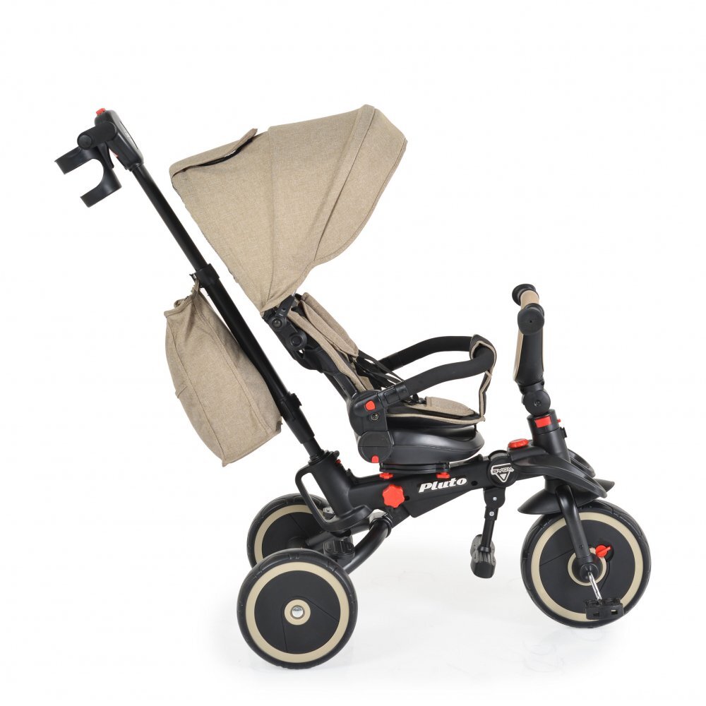 Byox Tricicleta pentru copii Pluto Beige pliabila cu scaun rotativ si spatar reglabil roti din cauciuc Eva maner cu control al directiei 2 seturi suport picioruse sistem roata libera si frana pe rotile din spate