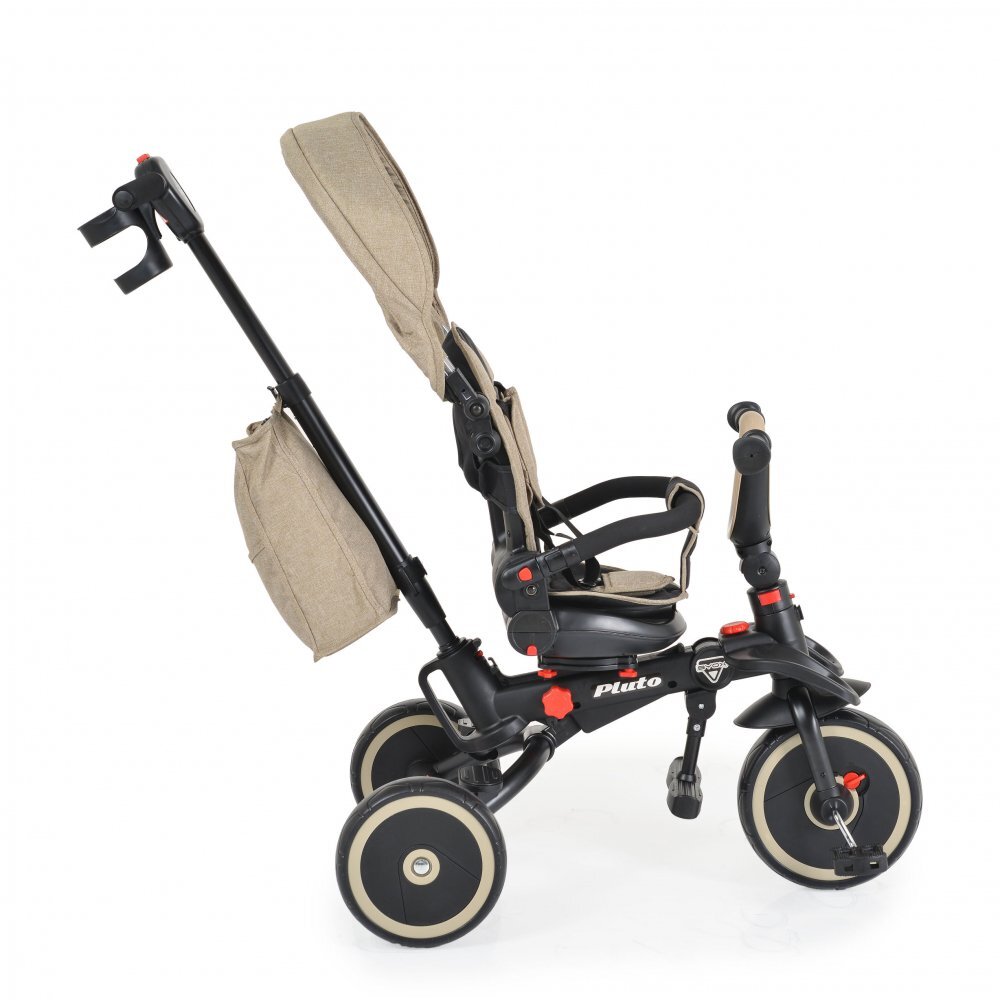 Byox Tricicleta pentru copii Pluto Beige pliabila cu scaun rotativ si spatar reglabil roti din cauciuc Eva maner cu control al directiei 2 seturi suport picioruse sistem roata libera si frana pe rotile din spate