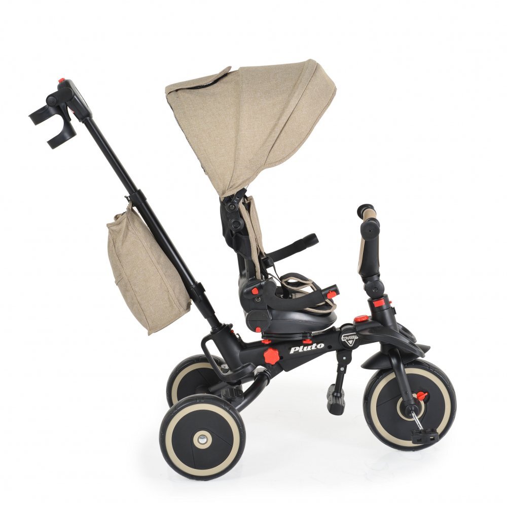 Byox Tricicleta pentru copii Pluto Beige pliabila cu scaun rotativ si spatar reglabil roti din cauciuc Eva maner cu control al directiei 2 seturi suport picioruse sistem roata libera si frana pe rotile din spate