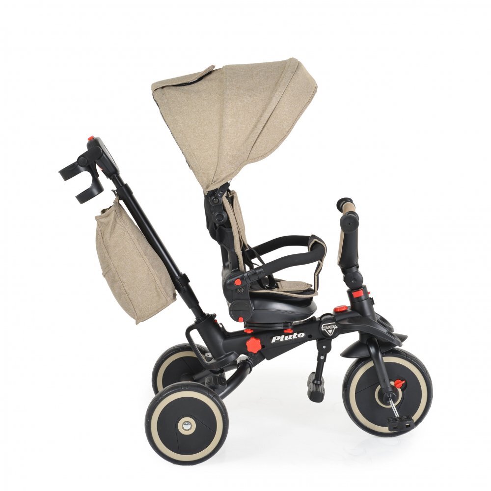 Byox Tricicleta pentru copii Pluto Beige pliabila cu scaun rotativ si spatar reglabil roti din cauciuc Eva maner cu control al directiei 2 seturi suport picioruse sistem roata libera si frana pe rotile din spate