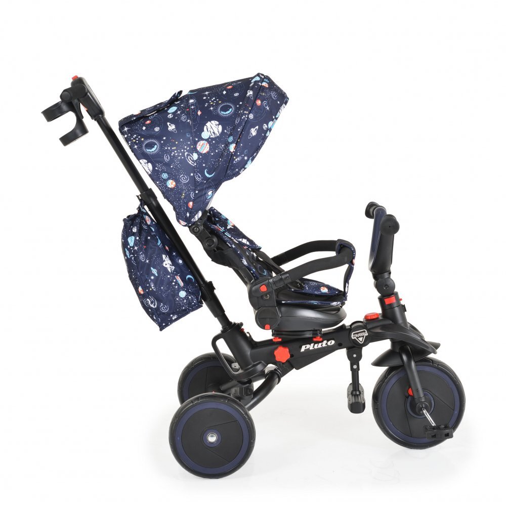 Byox Tricicleta pentru copii Pluto Blue pliabila cu scaun rotativ si spatar reglabil roti din cauciuc Eva maner cu control al directiei 2 seturi suport picioruse sistem roata libera si frana pe rotile din spate