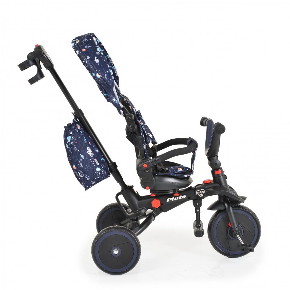 Byox Tricicleta pentru copii Pluto Blue pliabila cu scaun rotativ si spatar reglabil roti din cauciuc Eva maner cu control al directiei 2 seturi suport picioruse sistem roata libera si frana pe rotile din spate