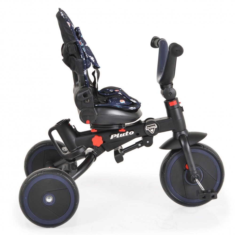 Byox Tricicleta pentru copii Pluto Blue pliabila cu scaun rotativ si spatar reglabil roti din cauciuc Eva maner cu control al directiei 2 seturi suport picioruse sistem roata libera si frana pe rotile din spate