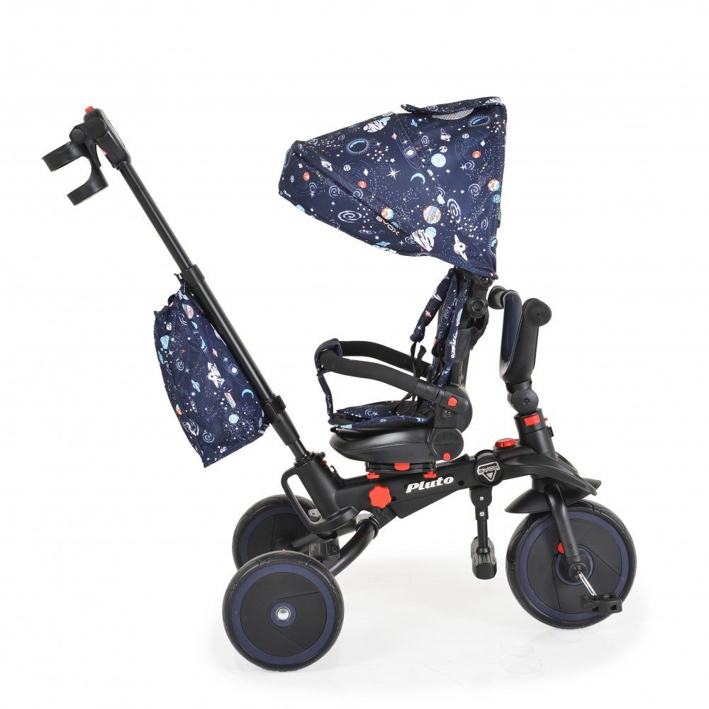 Byox Tricicleta pentru copii Pluto Blue pliabila cu scaun rotativ si spatar reglabil roti din cauciuc Eva maner cu control al directiei 2 seturi suport picioruse sistem roata libera si frana pe rotile din spate