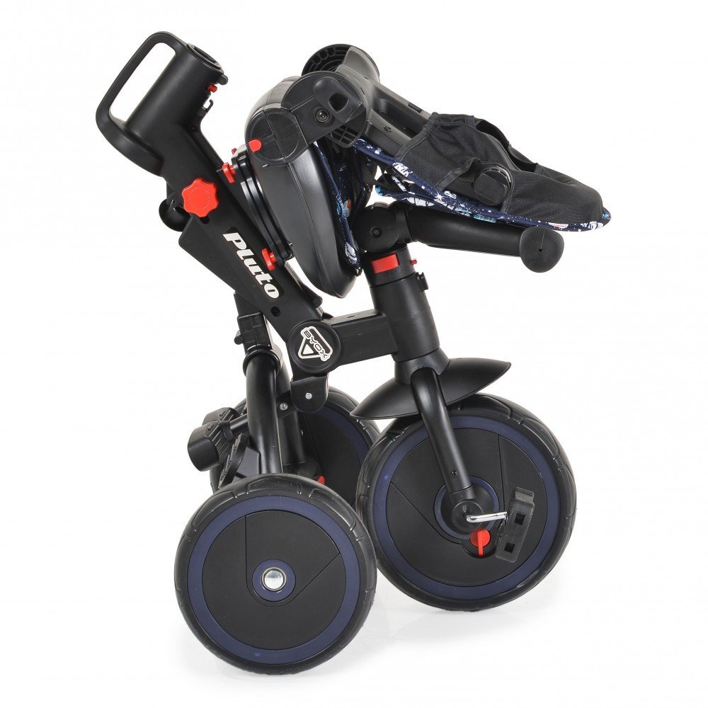 Byox Tricicleta pentru copii Pluto Blue pliabila cu scaun rotativ si spatar reglabil roti din cauciuc Eva maner cu control al directiei 2 seturi suport picioruse sistem roata libera si frana pe rotile din spate