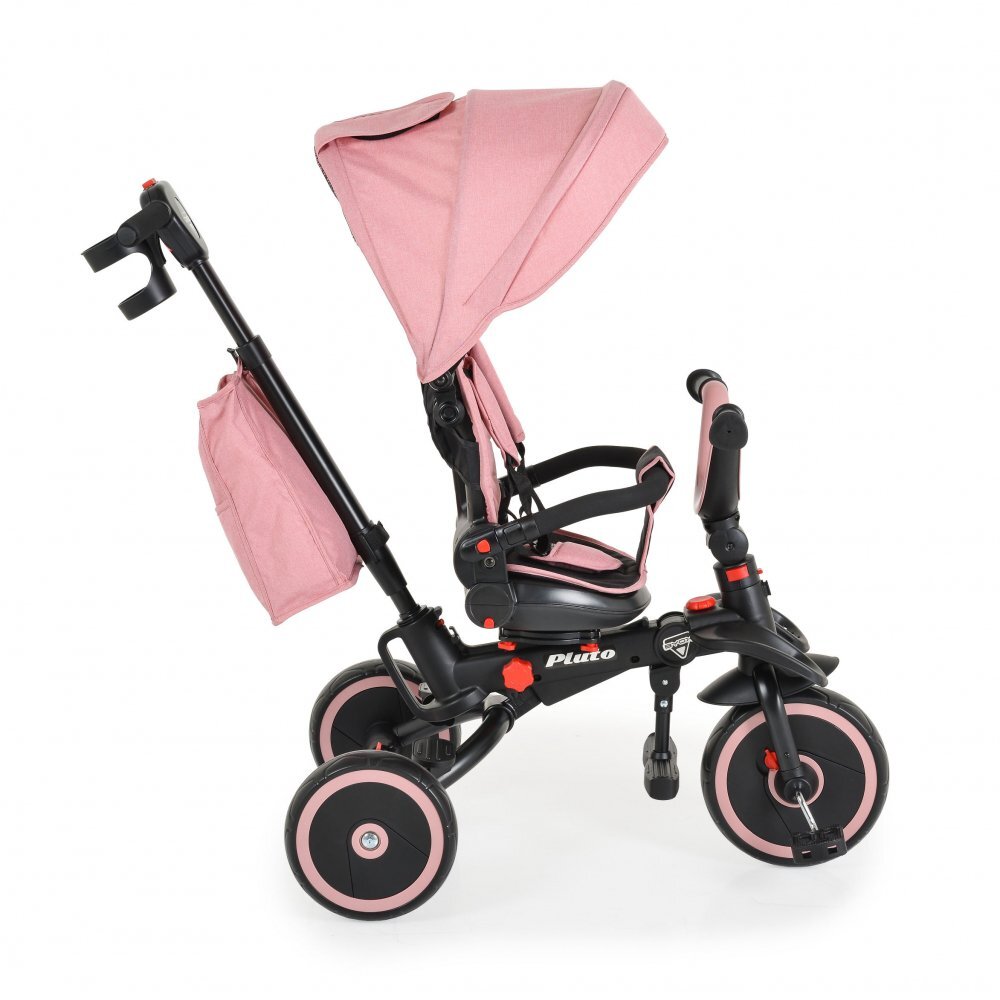 Byox Tricicleta pentru copii Pluto Pink pliabila cu scaun rotativ si spatar reglabil roti din cauciuc Eva maner cu control al directiei 2 seturi suport picioruse sistem roata libera si frana pe rotile din spate