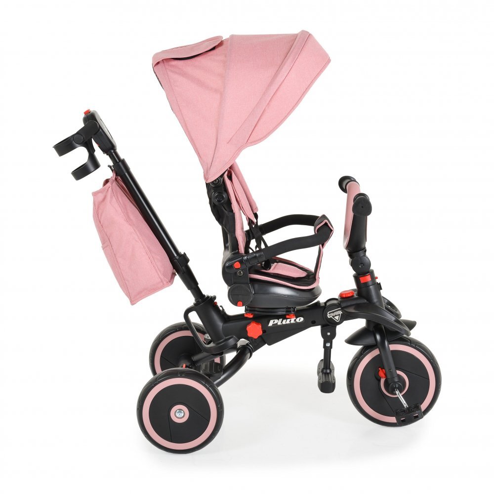 Byox Tricicleta pentru copii Pluto Pink pliabila cu scaun rotativ si spatar reglabil roti din cauciuc Eva maner cu control al directiei 2 seturi suport picioruse sistem roata libera si frana pe rotile din spate