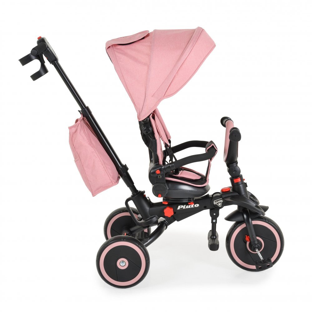 Byox Tricicleta pentru copii Pluto Pink pliabila cu scaun rotativ si spatar reglabil roti din cauciuc Eva maner cu control al directiei 2 seturi suport picioruse sistem roata libera si frana pe rotile din spate