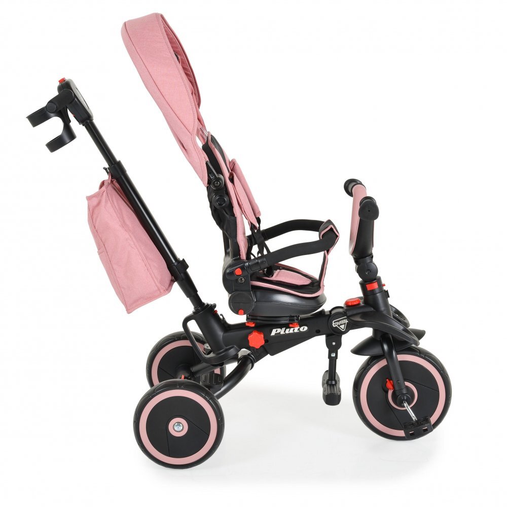 Byox Tricicleta pentru copii Pluto Pink pliabila cu scaun rotativ si spatar reglabil roti din cauciuc Eva maner cu control al directiei 2 seturi suport picioruse sistem roata libera si frana pe rotile din spate