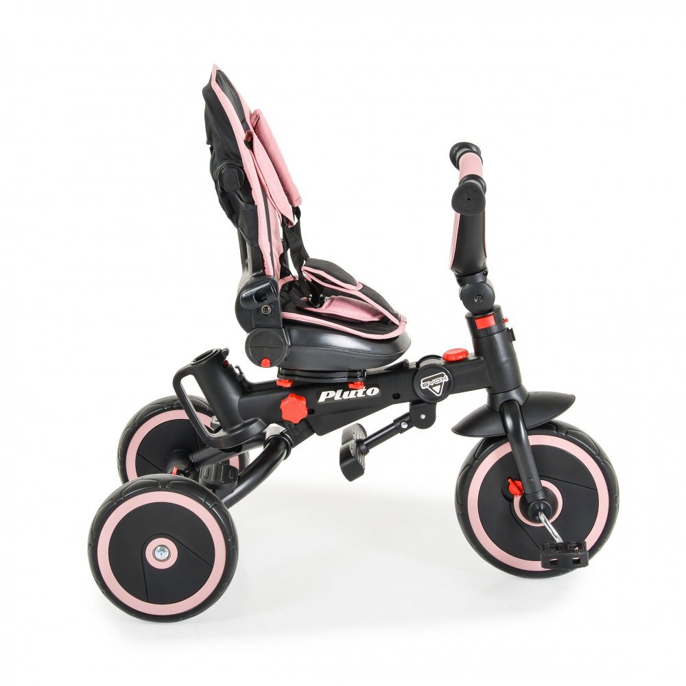 Byox Tricicleta pentru copii Pluto Pink pliabila cu scaun rotativ si spatar reglabil roti din cauciuc Eva maner cu control al directiei 2 seturi suport picioruse sistem roata libera si frana pe rotile din spate