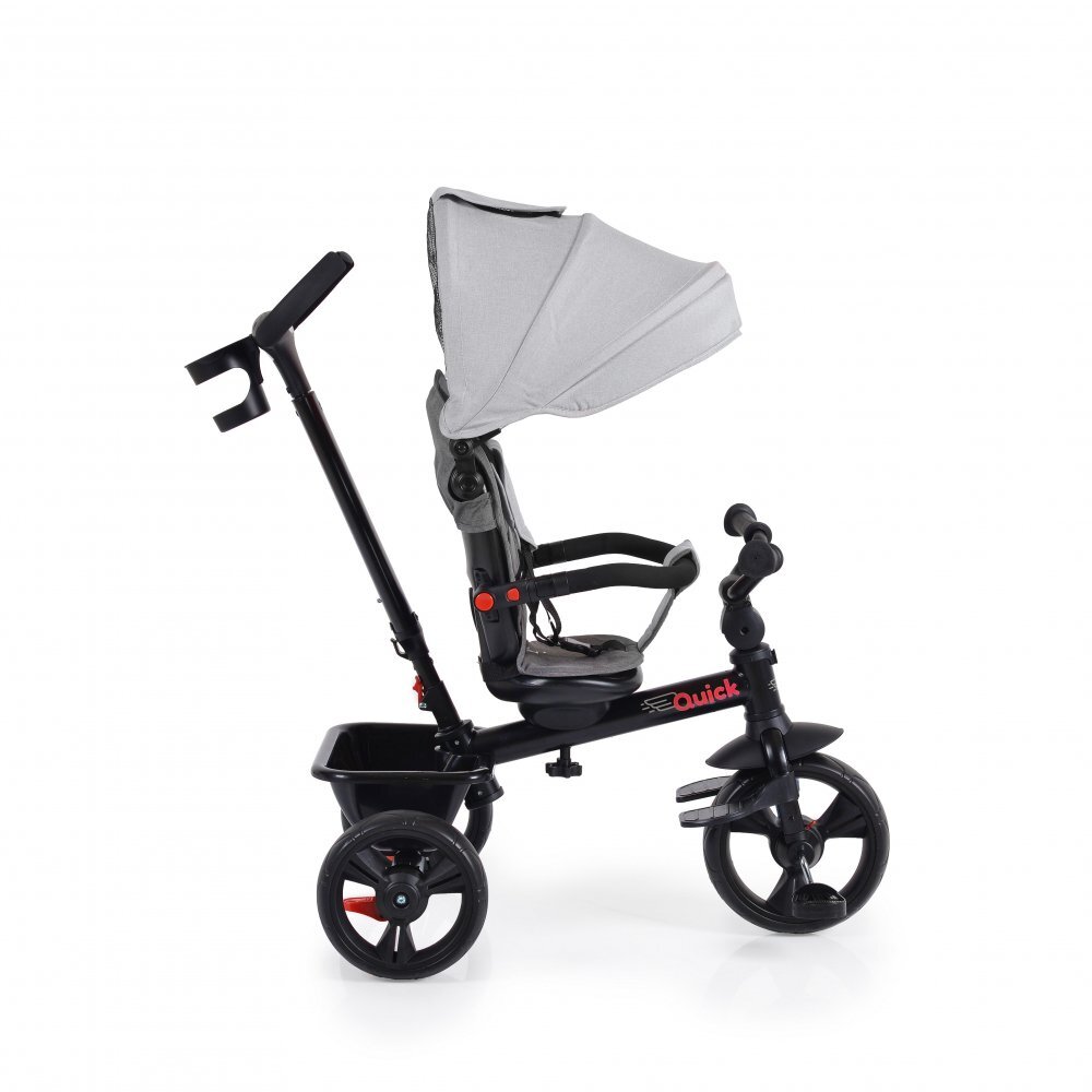 Byox Tricicleta pentru copii Quick Gri cu roti EVA si sezut reversibil spatar inaltpliabil sistem roata libera maner cu control al directiei suport pentru picioare si frana pe rotile din spate