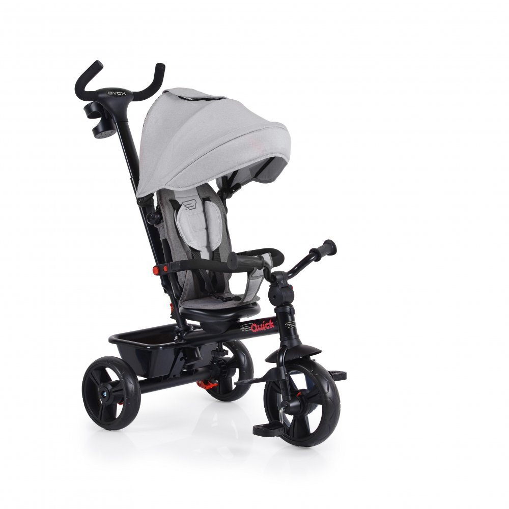Byox Tricicleta pentru copii Quick Gri cu roti EVA si sezut reversibil spatar inaltpliabil sistem roata libera maner cu control al directiei suport pentru picioare si frana pe rotile din spate