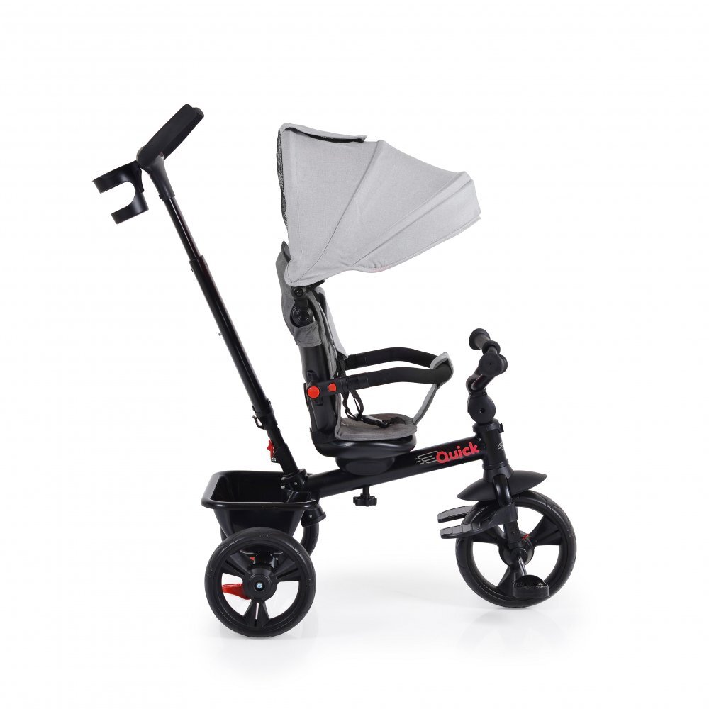 Byox Tricicleta pentru copii Quick Gri cu roti EVA si sezut reversibil spatar inaltpliabil sistem roata libera maner cu control al directiei suport pentru picioare si frana pe rotile din spate