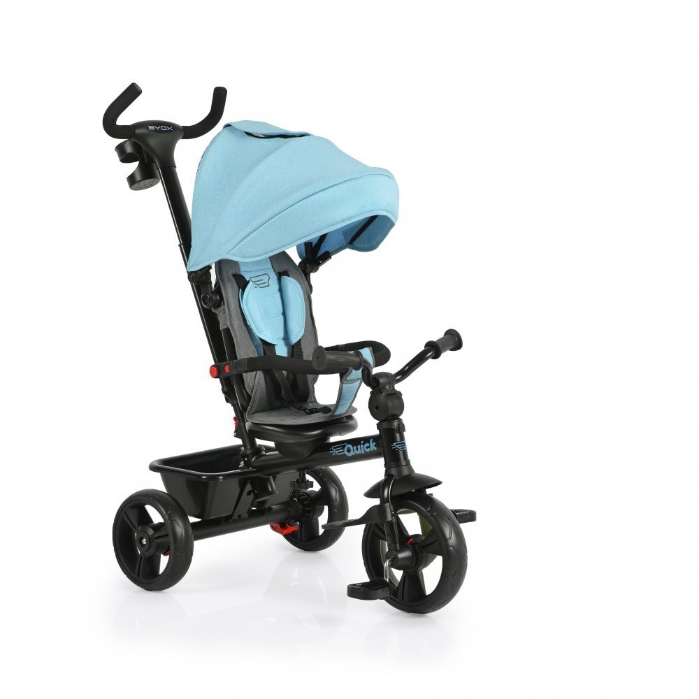 Byox Tricicleta pentru copii Quick Turcoaz cu roti EVA sezut reversibil suport pentru picioare frana pe rotile din spate si maner cu control al directiei