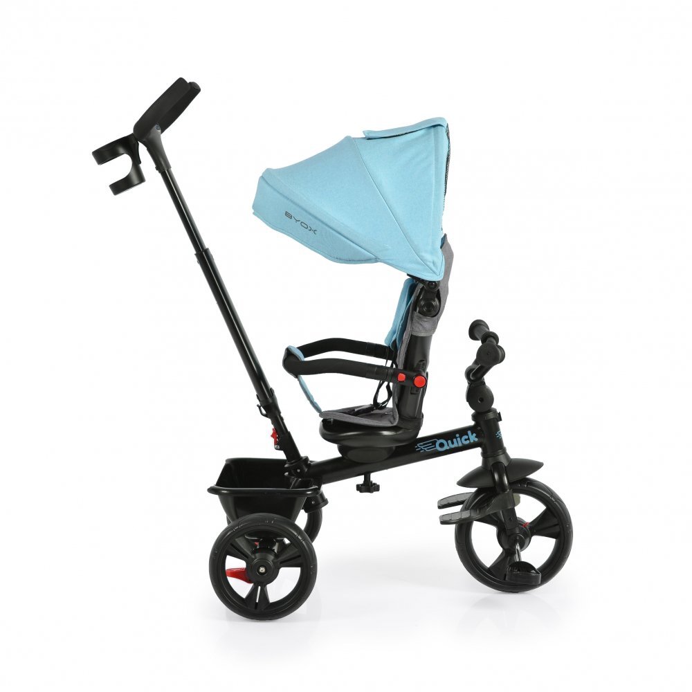 Byox Tricicleta pentru copii Quick Turcoaz cu roti EVA sezut reversibil suport pentru picioare frana pe rotile din spate si maner cu control al directiei