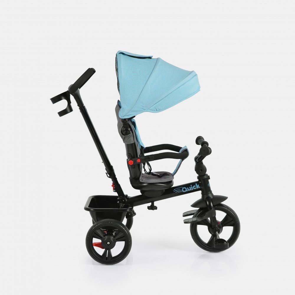 Byox Tricicleta pentru copii Quick Turcoaz cu roti EVA sezut reversibil suport pentru picioare frana pe rotile din spate si maner cu control al directiei