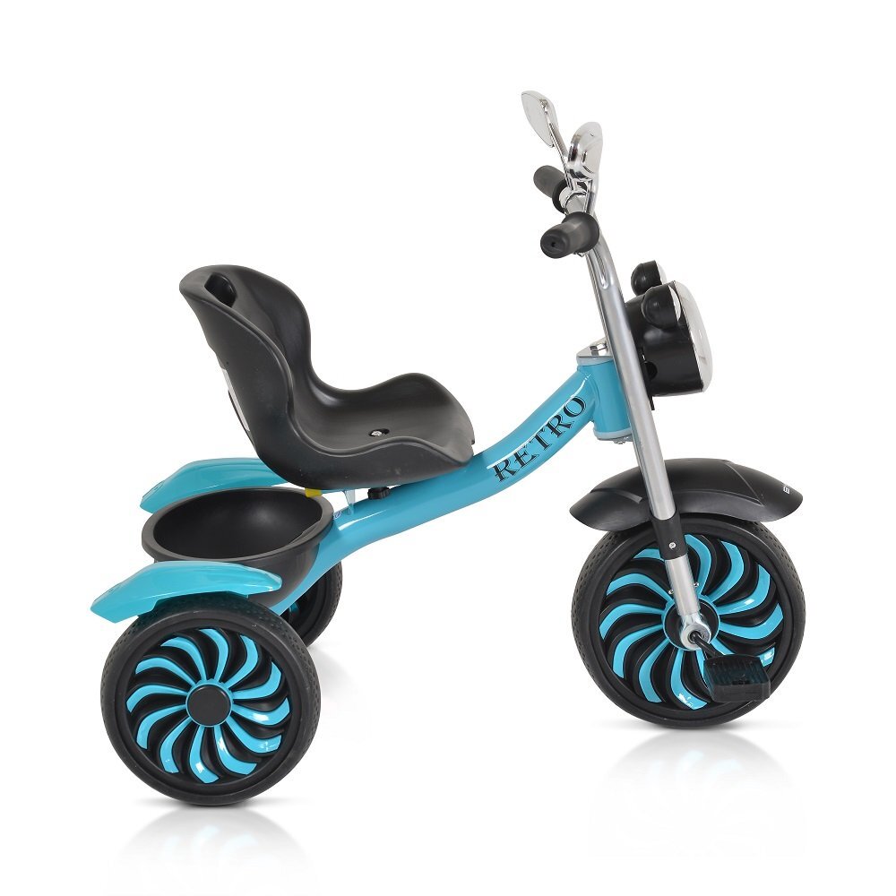 Byox Tricicleta pentru copii Retro Blue cu far luminos oglinzi cos roti din cauciuc Eva scaun reglabil de la 3 ani pana la 25 kg