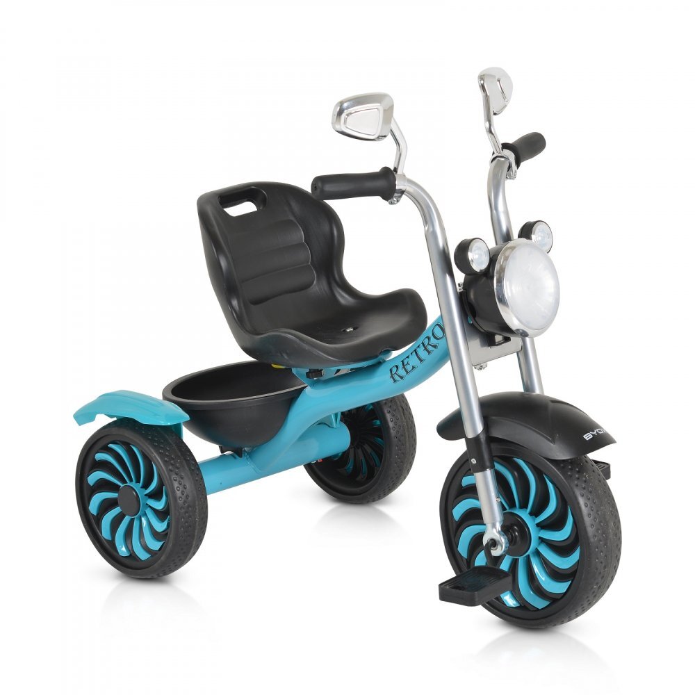 Byox Tricicleta pentru copii Retro Blue cu far luminos oglinzi cos roti din cauciuc Eva scaun reglabil de la 3 ani pana la 25 kg