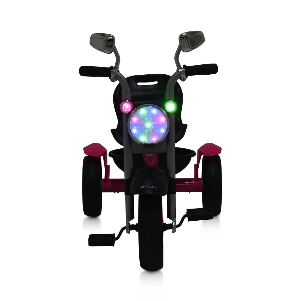 Byox Tricicleta pentru copii Retro Pink cu far luminos oglinzi cos roti din cauciuc Eva scaun reglabil de la 3 ani pana la 25 kg