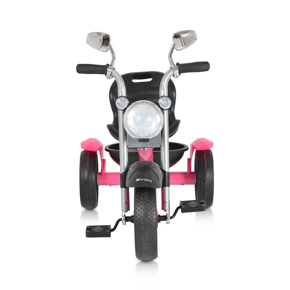 Byox Tricicleta pentru copii Retro Pink cu far luminos oglinzi cos roti din cauciuc Eva scaun reglabil de la 3 ani pana la 25 kg