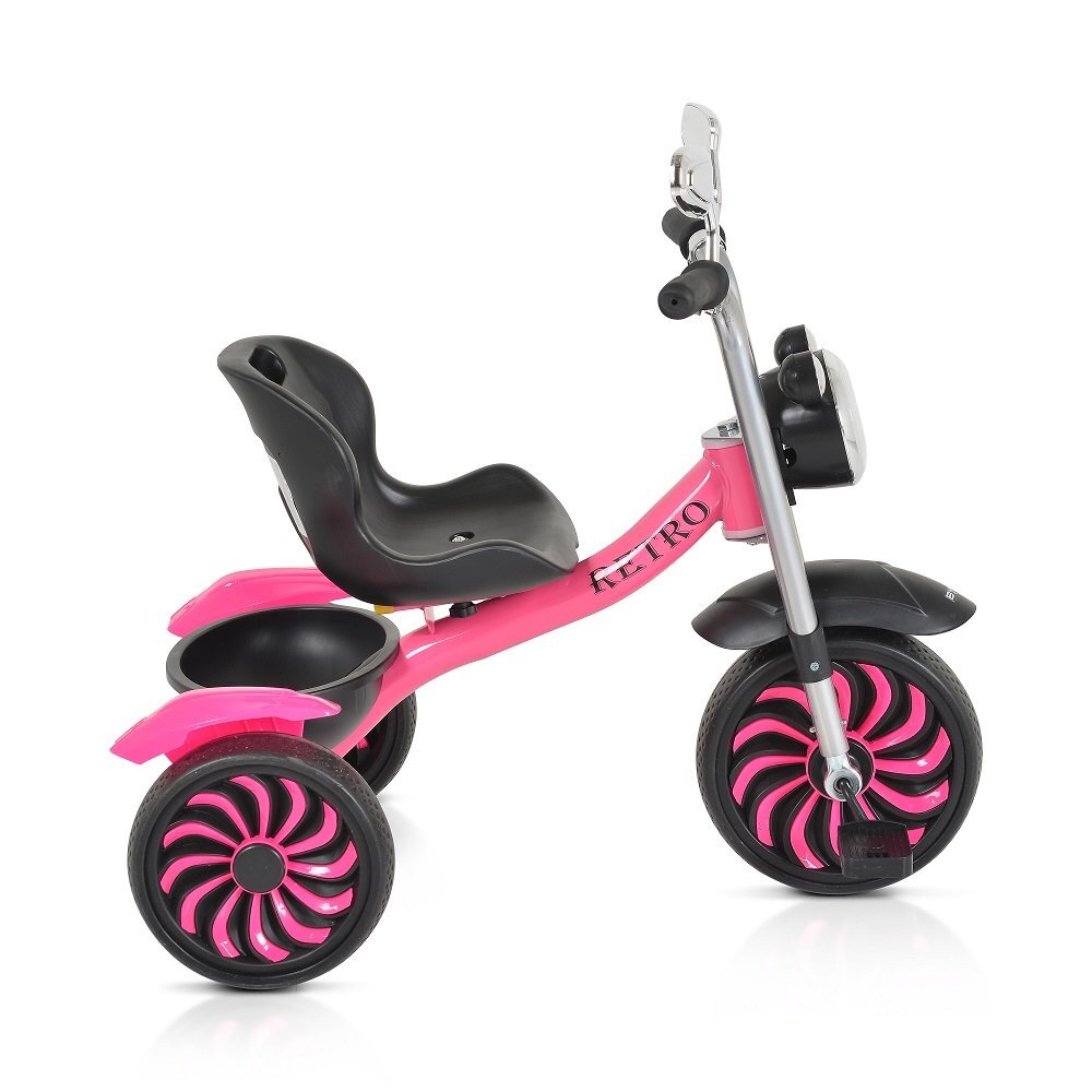 Byox Tricicleta pentru copii Retro Pink cu far luminos oglinzi cos roti din cauciuc Eva scaun reglabil de la 3 ani pana la 25 kg